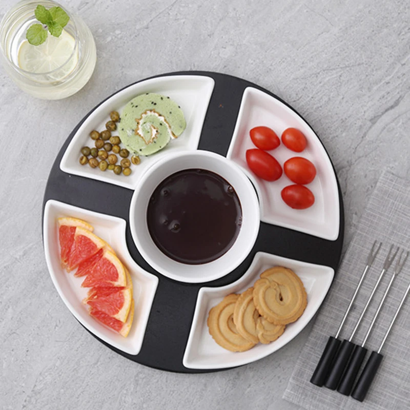 White Ceramic Chocolate Fondue Pot 4 Dishes Forks Porcelain Diy Fondue Serving Set Cheese Chocolate Icecream chocolate warmer fondue set