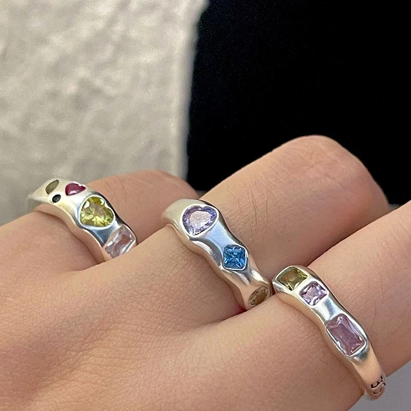 

PANJBJ 925 Silver Ring For Women Female Love Heart Colorful Stone Minimalist Open Adjustable Finger Fashion Jewelry Dropshipping
