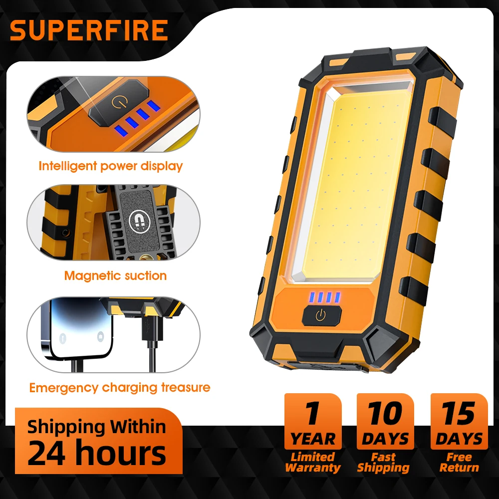 

Latest SUPERFIRE Powerful COB LED Work Light TYPE-C Rechargeable Power Bank Waterproof with Magnet Power Display Camping Lantern