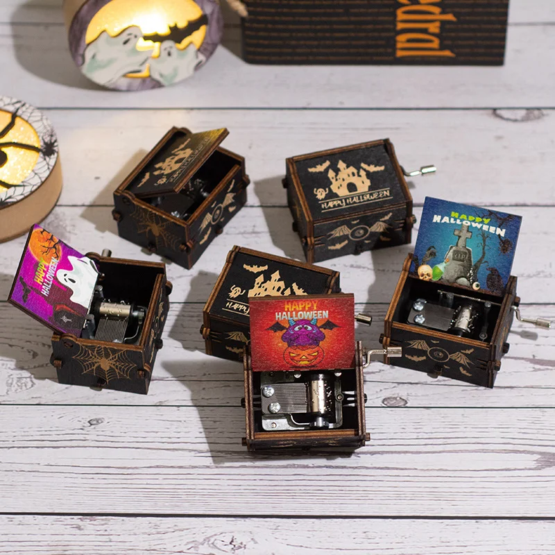 Halloween Wooden Hand-cranked Music Box, Horror Night Painted Music Box, Wooden Pumpkin Ornament, Ghost Festival Gift, Music Box 4