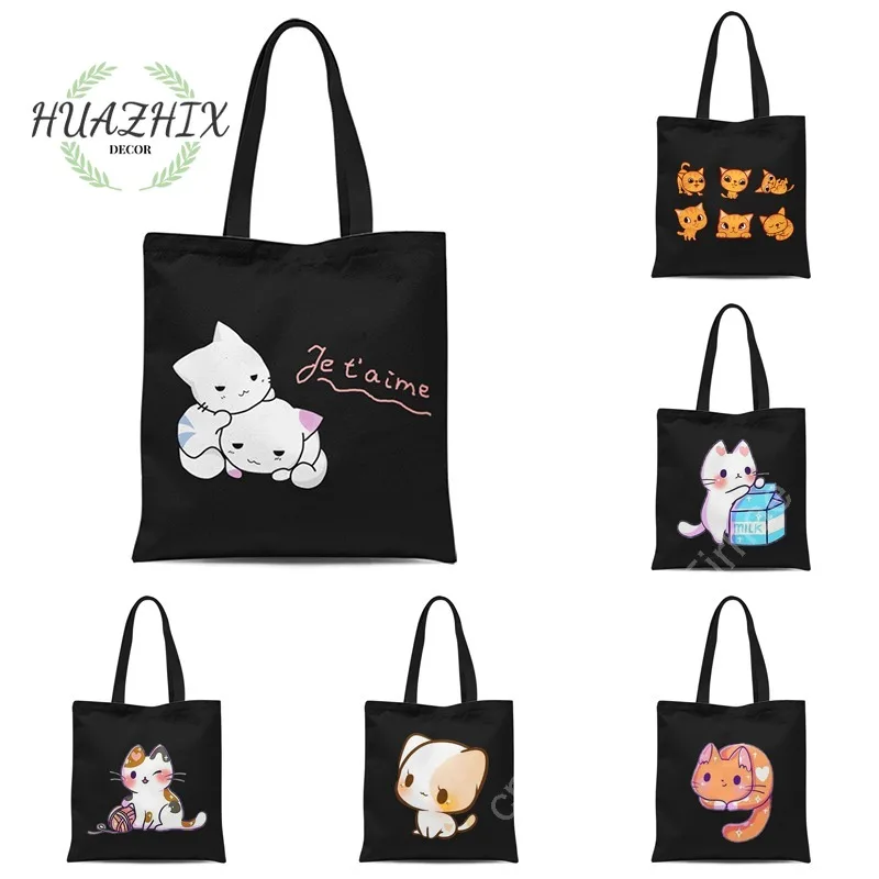 

Kawaii Cat Handbag Cute Cats Cartoon Shoulder Canvas Tote Bags for Women School Aesthetic Shopping Bag Handbags Totebag Totes