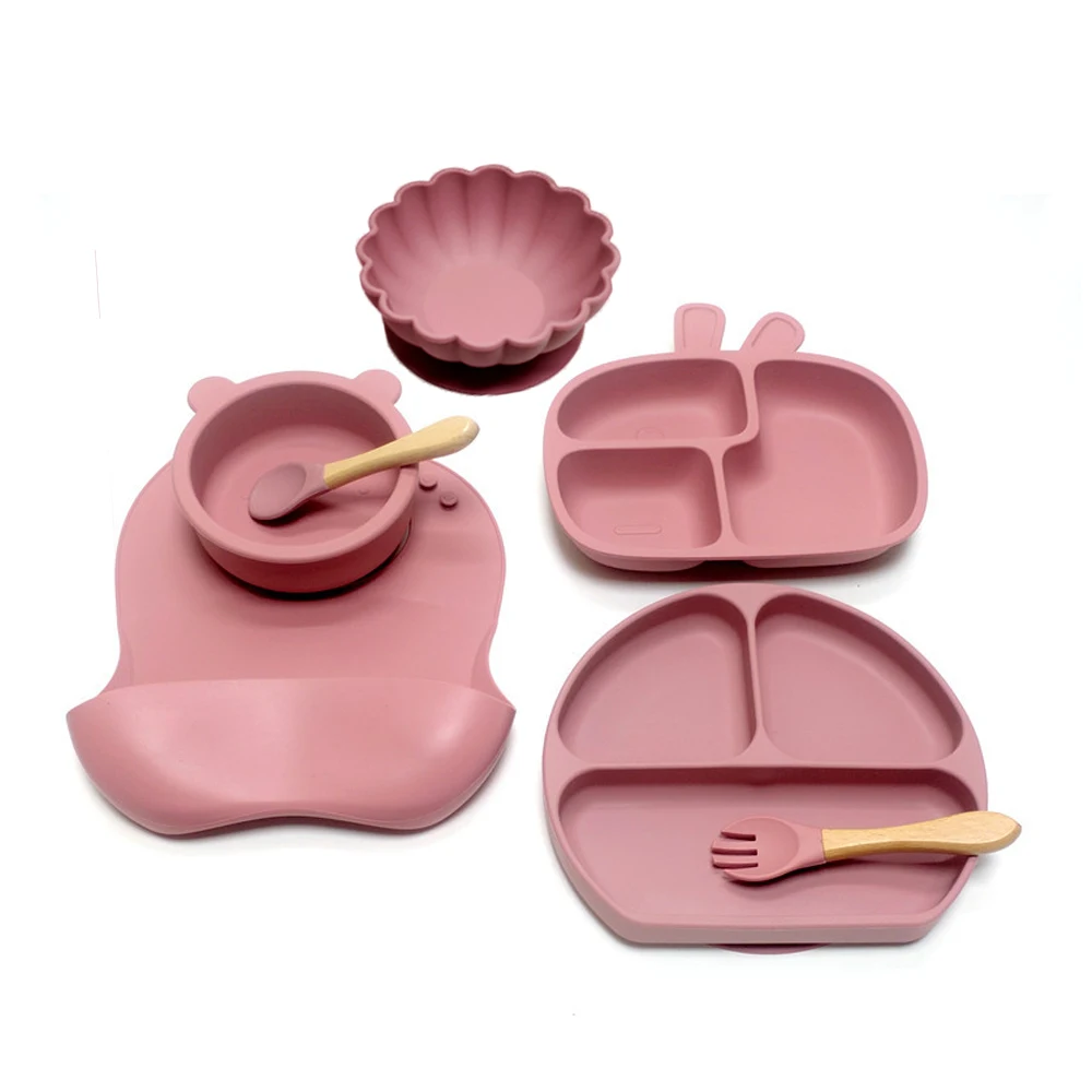 7pcs Children's Silicone Plate Set One Piece Large Suction Cup Compartment Plate Eating Training with Spoon and Fork 6