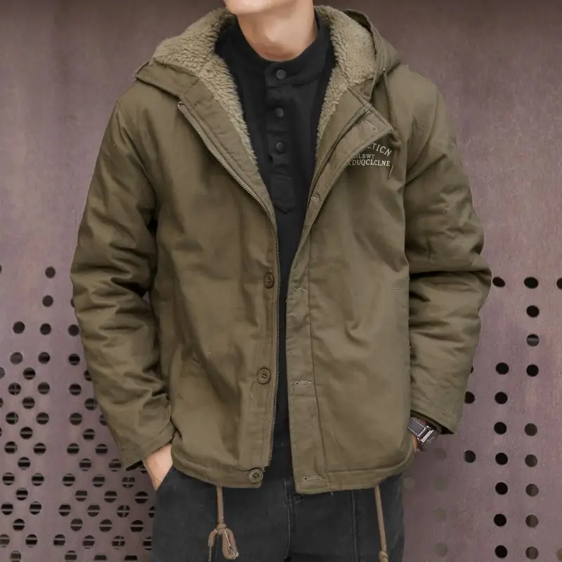 

Winter Jacket Men's Outdoor Leisure Windproof Hooded Jacket Loose Japanese Cotton Plus Velvet Thick Tooling Cargo Coat Cashmere