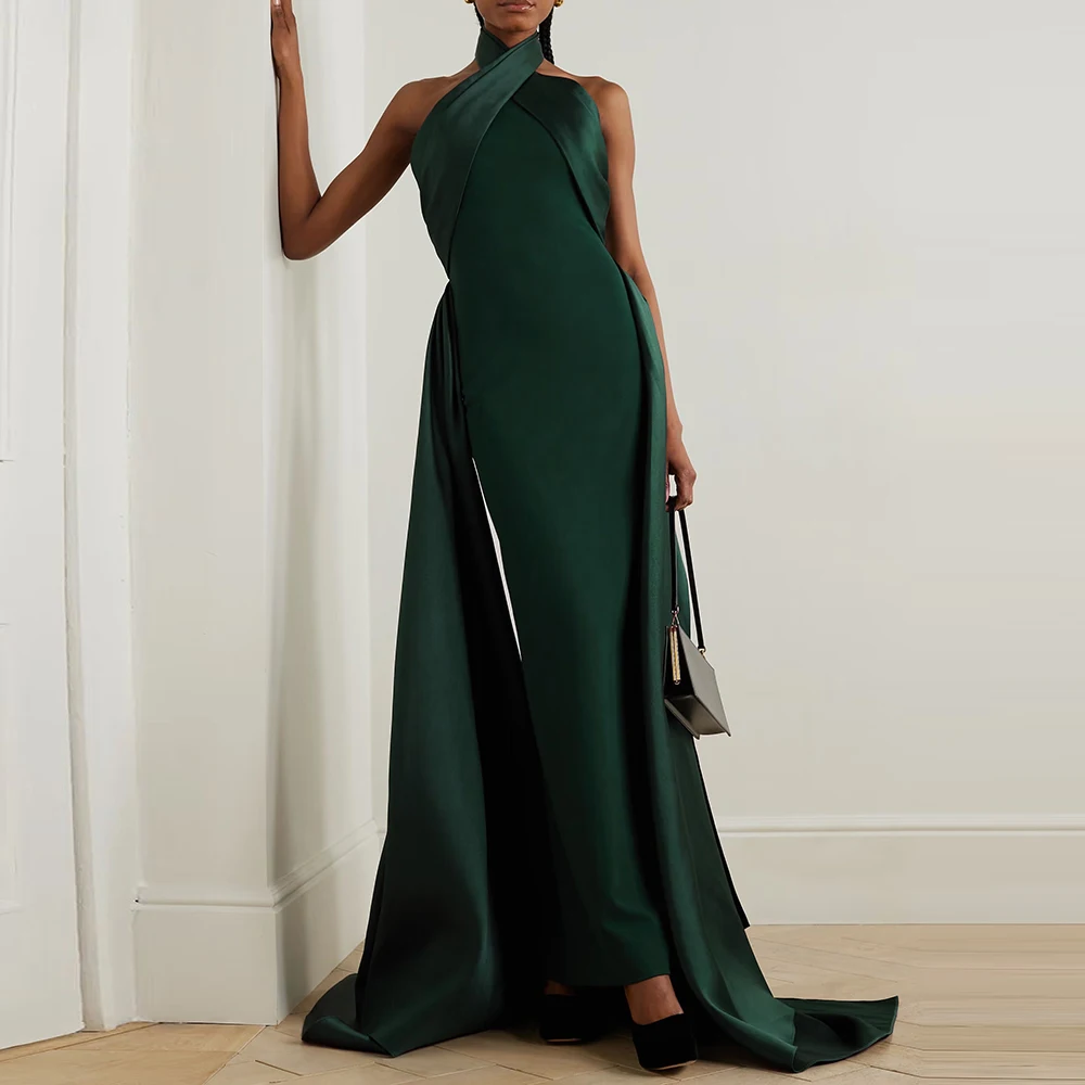 

MINGLAN Simple Evening Dress Elegant Satin Dubai Formal Halter A-Line Green Backless Cocktail Party Prom Gown For Sexy Woman