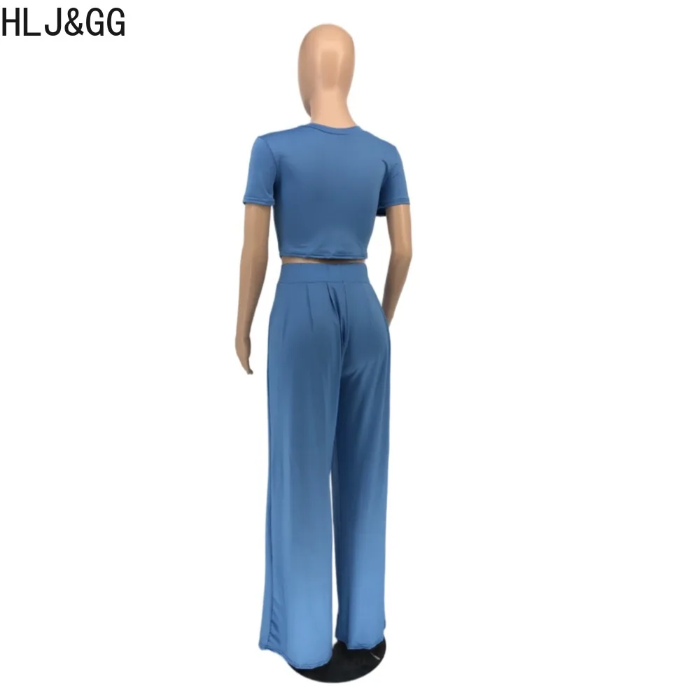 HLJ&GG Casual Solid Wide Leg Pants Two Piece Sets Women Round Neck Short Sleeve Crop Top And Pants Tracksuit Female 2pcs Outfits
