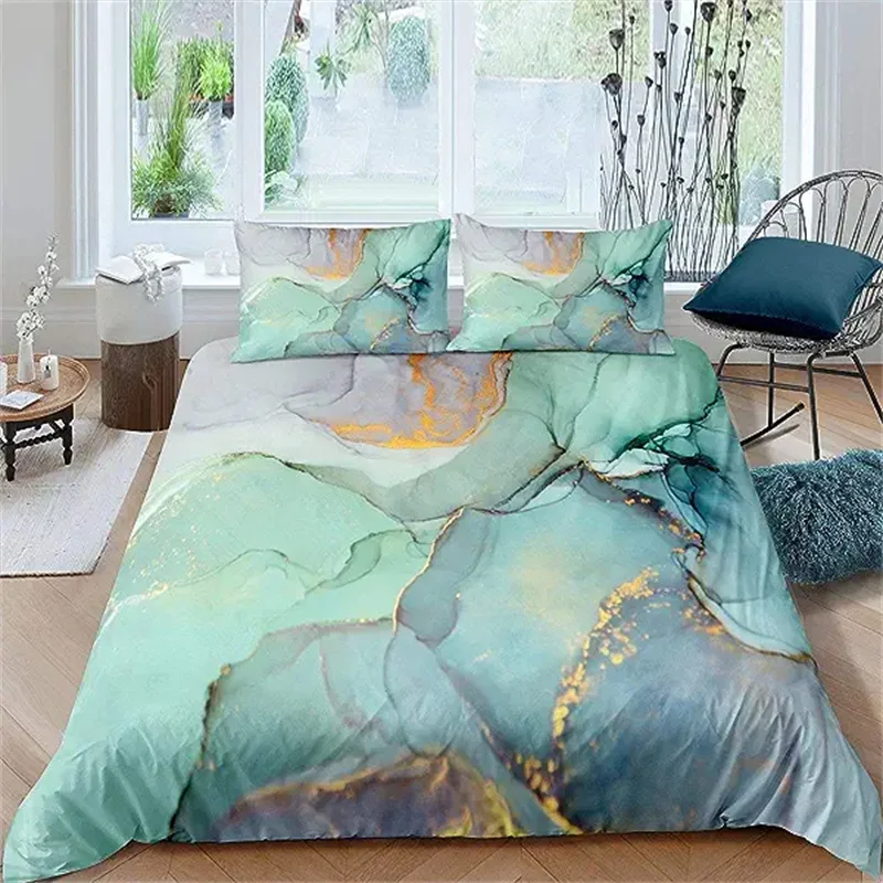 

Chic Marble Bedding Set Teal Blue Marble Duvet Cover for Kid Boys Girls Teen Gold Fluid Stone Queen Size Abstract Art Watercolor