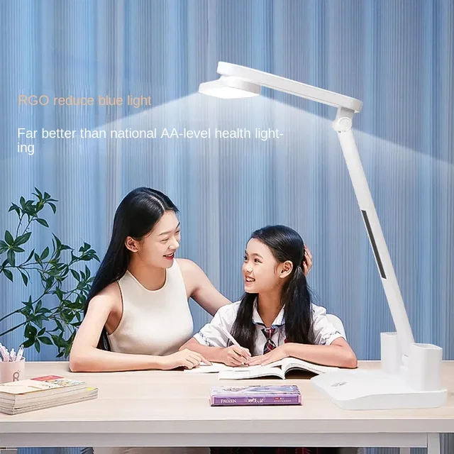 Lampada da scrivania per studenti con orologio a LED, lampada da lettura dimmerabile per la cura degli occhi, ricaricabile tramite USB e plug-in CA, doppia testa 180 °   Girevole per 6