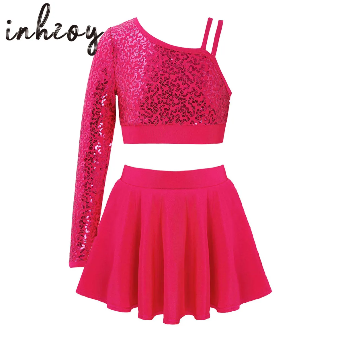 

Kids Girls Ballet Leotard Dance Dress Sequins Single Long Sleeve Crop Top with Tutu Skirt Ballerina Tutu Moden Jazz Costume Set