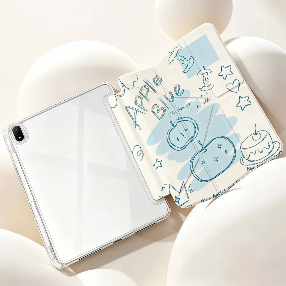 Blue Apples and Stars Design Protective Tablet Case with Pen Slot