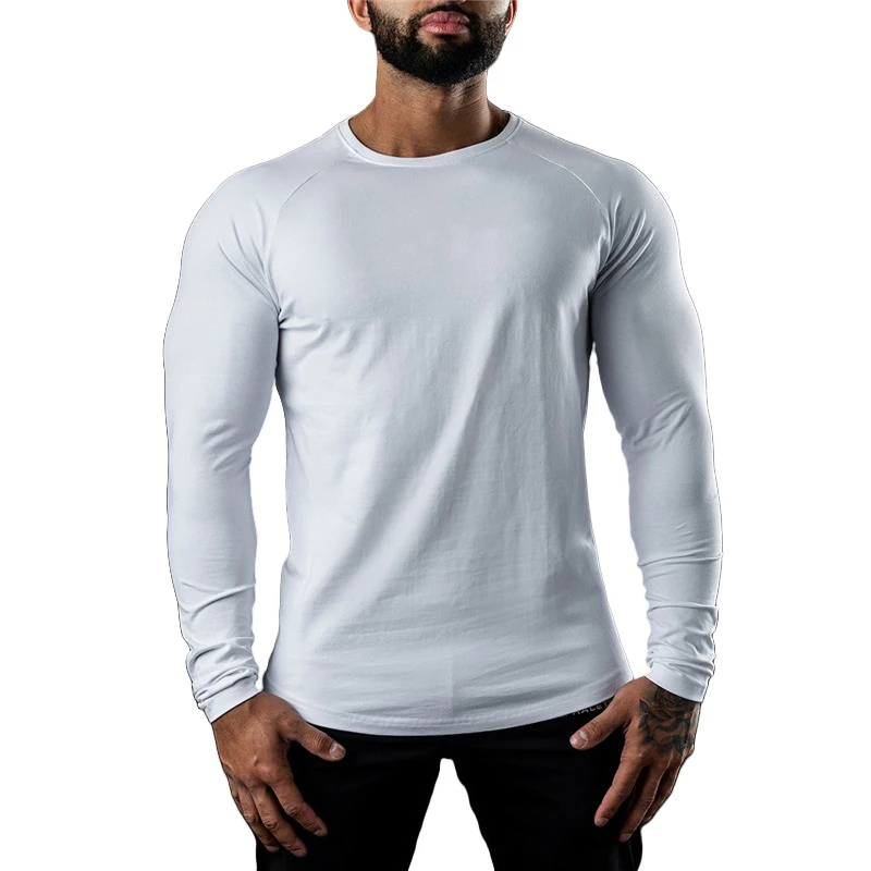 Mens T Shirts Casual Round Neck Long Sleeve Cotton Moisture Wicking Tees Tanks White Black Undershirts Loose Fit Tshirts for Men - 2