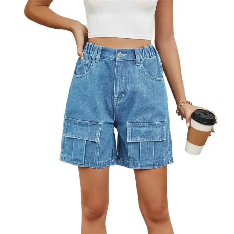 Women Elastic Waist Button Splicing Straight Denim Shorts Workwear Style Multiple Pockets Three Quarter Pants Female Mini Jeans