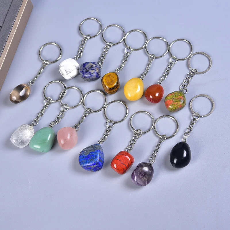 

12pcs Natural Stone Key Ring Crystal Quartzs Keychain Women Men Handbag Hangle Car Key Holder Raw Mineral Gem Stone Jewelry