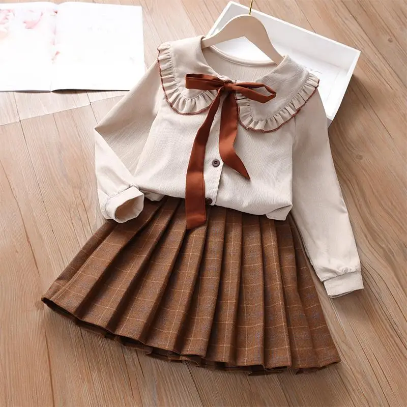

Girls' New Spring and Autumn Mid Large Children's Short Skirt Shirt Pleated Skirt Academy Style Two Piece Dress Set