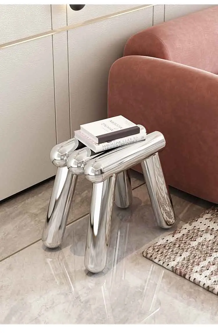 Edelstahlhocker, Schuhwechselhocker für zu Hause, Fußhocker, Metallsitze, luxuriöser Kunsthocker, Freizeitstuhl, nordische Möbel, individuell gestaltet – Detail 2