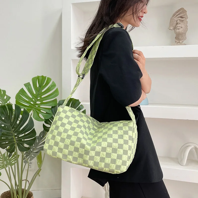 

Summer, Leisure, sports, single shoulder bag, large capacity, check pattern, pillow bag, ladies, shopping, fashion, canvas bag