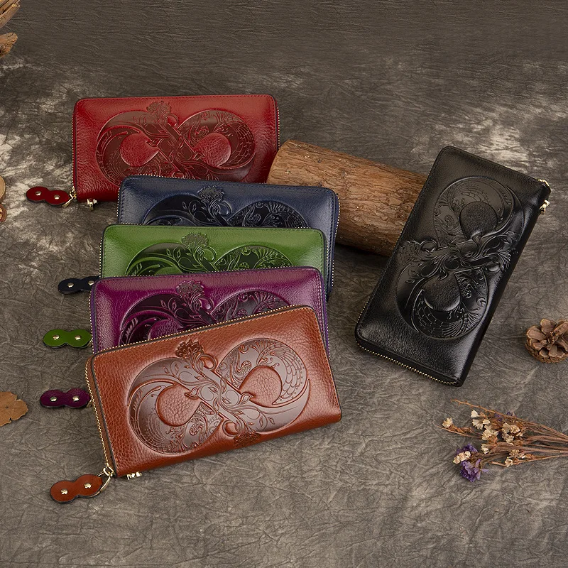 Vintage Genuine Leather Woman money clips Floral Real Cow Leather Purse Ladies First Layer Cowhide Women's clutches
