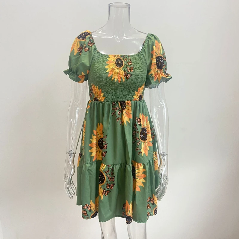 

Summer Women Dress Short-sleeved One-piece Collar Waist Pleated Printed Dress