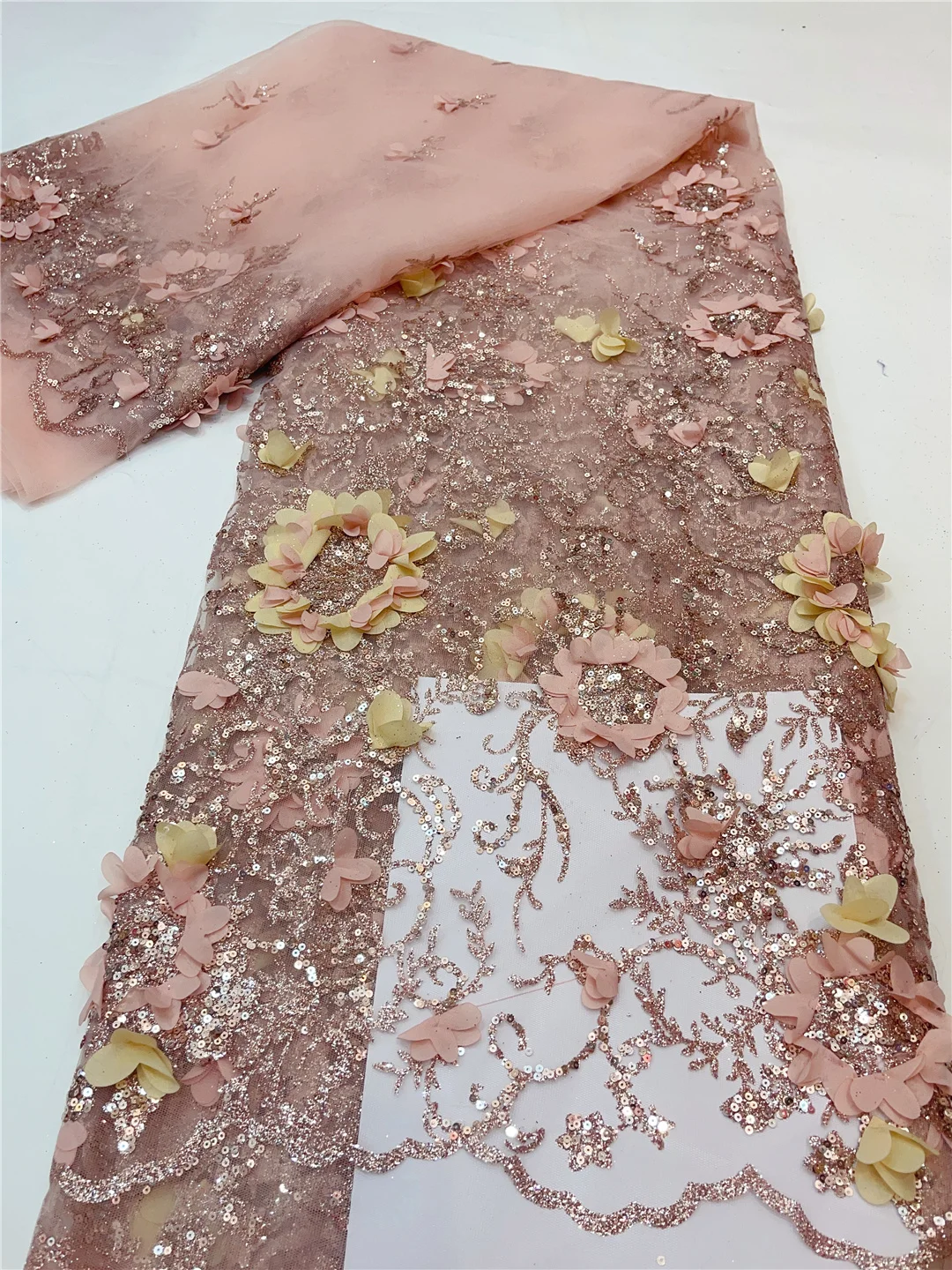 

Beautiful Africa lace Glue Glitter With 3D flowers French tulle mesh fabric for Party dresses/weddings Gown dress Pink/ White