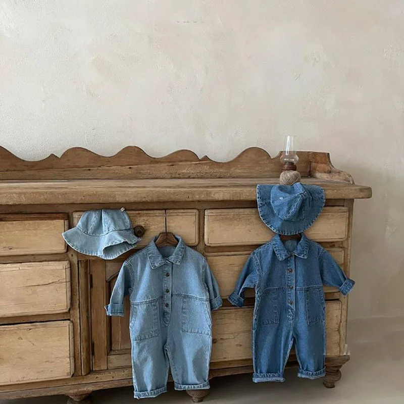 2022 Spring New Baby Denim Romper Solid Infant Toddler Pocket Jumpsuit Newborn Denim Clothes Baby Boy Girl Jean Overalls 0-24M Bamboo fiber children's clothes