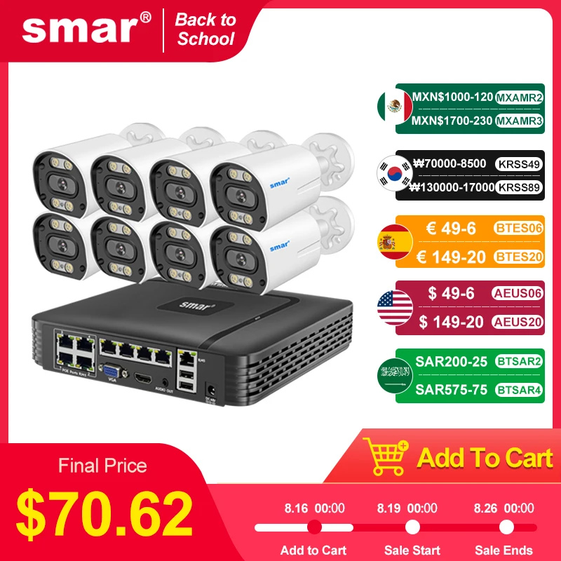Security Camera Smar 4K 8MP POE Security Camera System 8CH P2P Video Surveillance Kit Audio Recording Ai Face Detection Color Night Vision ICSEE