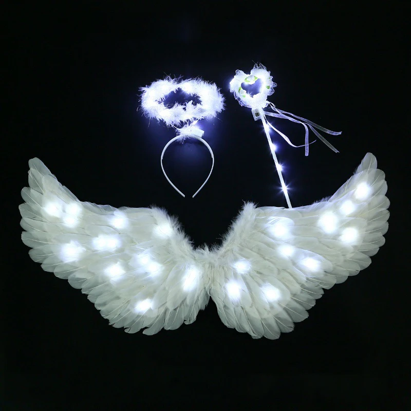 DAZZTIME 60 Cm Ailes D'ange Noires, Costume Pour Femme Avec Auréole Et Baguette Magique, Costume D'ailes D'ange, Costume De Fête, Pour Carnaval, Fête à Thème