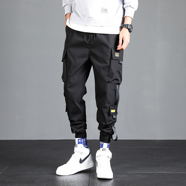 Ribbons Harem Joggers Men Cargo Pants Fashion Drawstring Trousers Streetwear Hip Hop Casual Pockets Track Pants