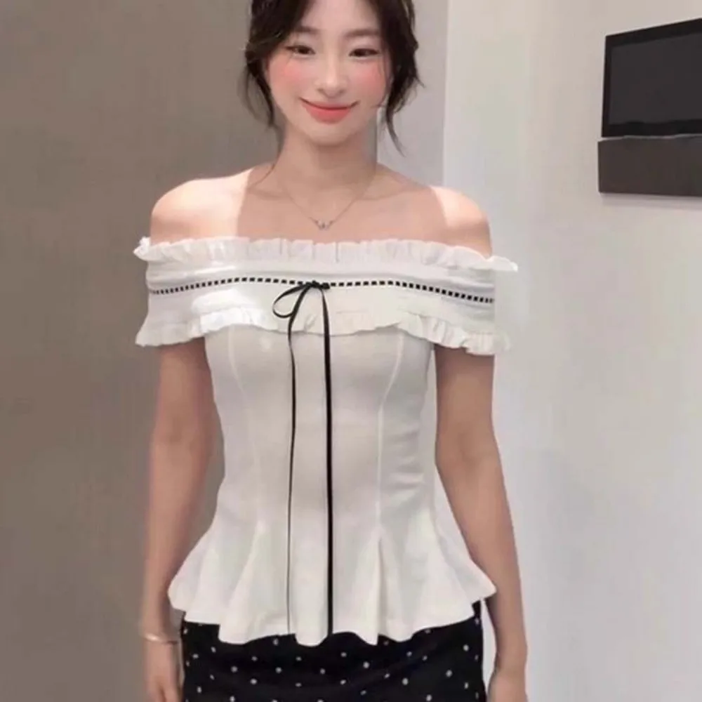White Off-shoulder Ruffle Shirt Lace-up Cute Bow Korean Y2K Ins Ruffle Shirt Tops Slimming Pleated Collar Slim Fit Crop Tops