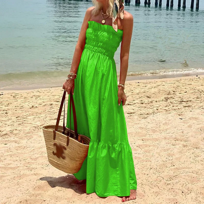 Elegant Off Shoulder Sleeveless Holiday Party Dress 2023 Casual Solid Waist Long Dress Sexy
