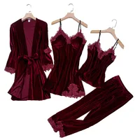 TOP décontracté velours maison vêtements 4 pièces ensemble de sommeil Lingerie intime femmes pyjamas costume à manches longues dentelle velours Homewear pyjamas ensemble 5