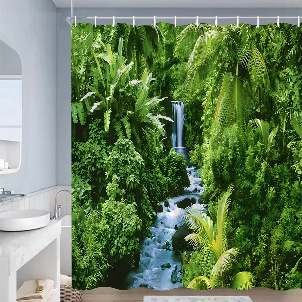 

Forest Waterfall Landscape Shower Curtains Rainforest Plant Palm Trees Nature Scenery Polyester Fabric Bathroom Decor with Hooks