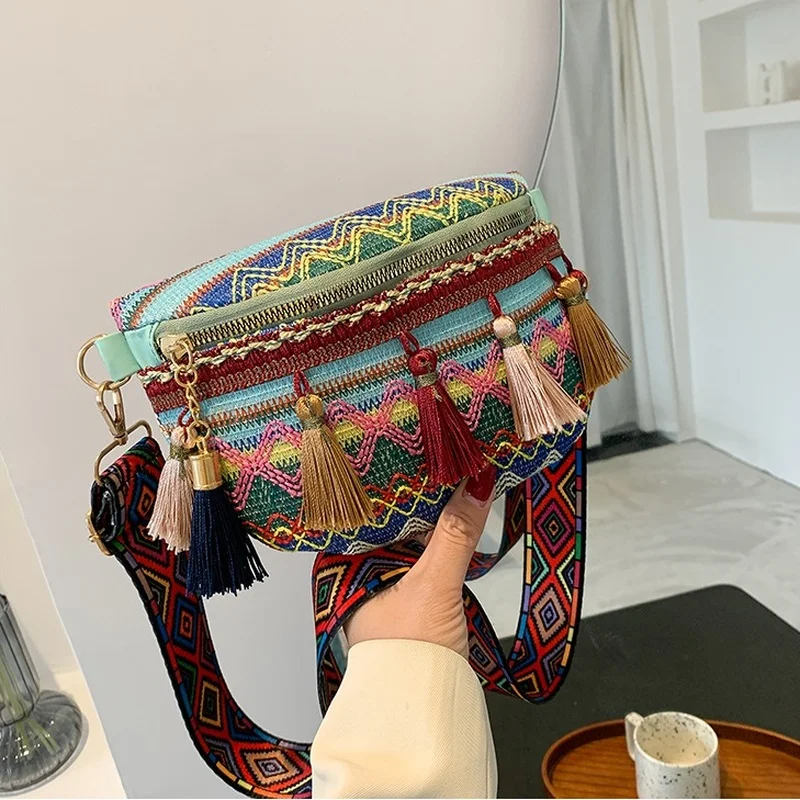 National Tassel Weaving Design Waist Bags For Women Colorful Wavy Stripe Canvas Waist Pack Female Fanny