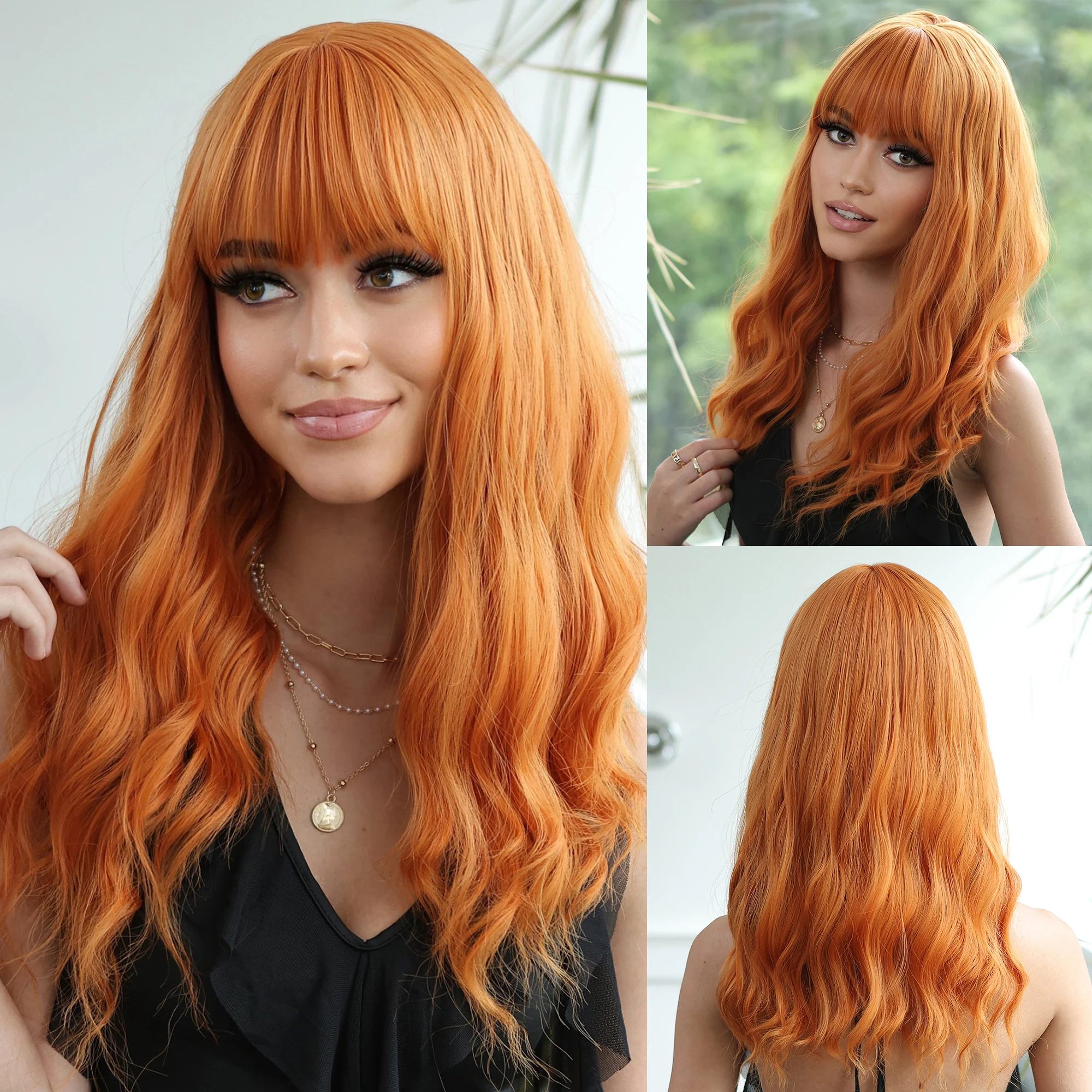 

Orange Copper Red Yellow Synthetic Wigs Long Wavy Ginger Wig with Bangs for Women Natural Cosplay Body Wave Heat Resistant Hair