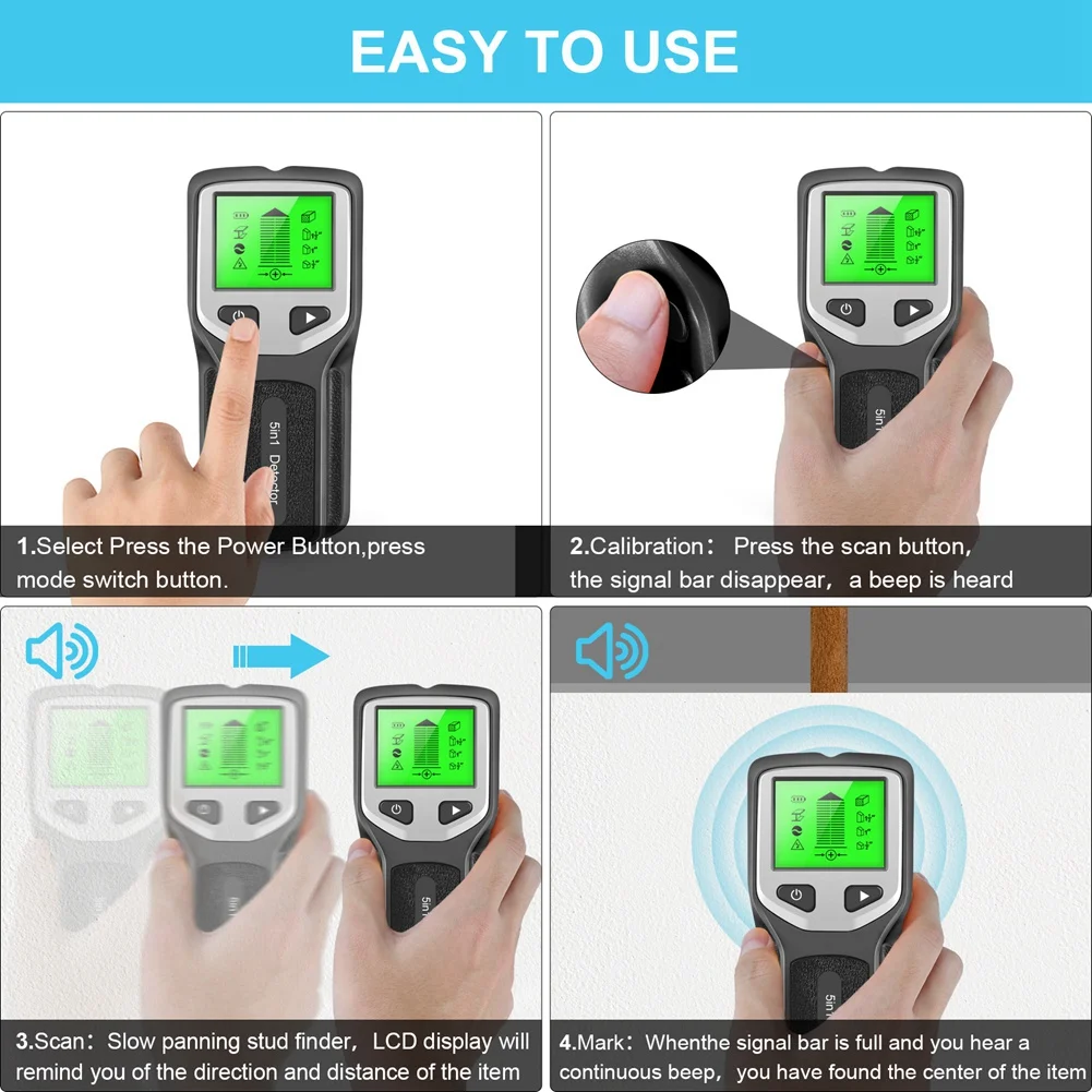 5-in-1 Stud Finder Hidden Wiring Detector Digital Handheld Wall Detector Live Wires Cable PVC Water Pipe Metal Finder Scanner 6