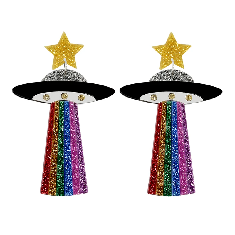 Earrings For Women UFO Acrylic Astronaut Star Lightning Cat Cute Hip Hop Exaggeration Special Creativity Jewelry Rainbow