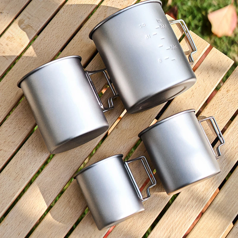 Pure Titanium Mug with Lid, Outdoor Folding with Handle, Double-layer Anti-scalding Portable Travel Set, Camping Water Cup 5