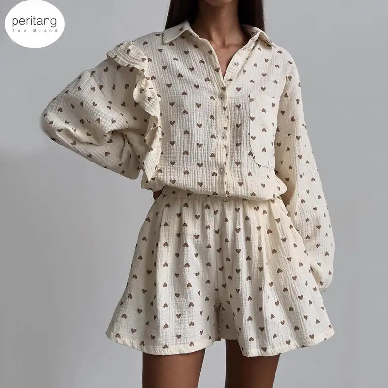 

PERITANG Cotton Women Tracksuit Shirt Shorts Two Piece Set Ruffle Love Long Sleeve Shorts Suit Summer Casual Female Outfits