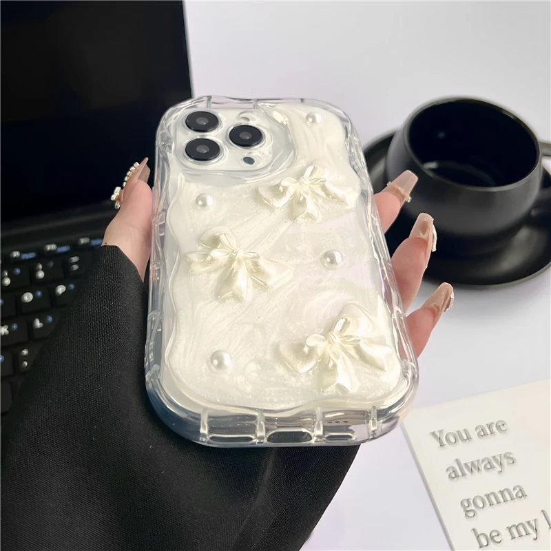 Chic 3D Pearl Bow Wavy Phone Case - Soft Shockproof Bumper Protective Cover