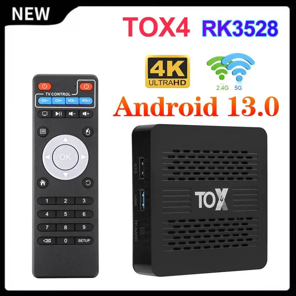 

TOX4 Android 13 Smart TV Box 4GB 32GB RK3528 Dual Wifi 1000M LAN BT5.0 H.265 4K 60fps DLNA USB3.0 Media Player Set Top Box