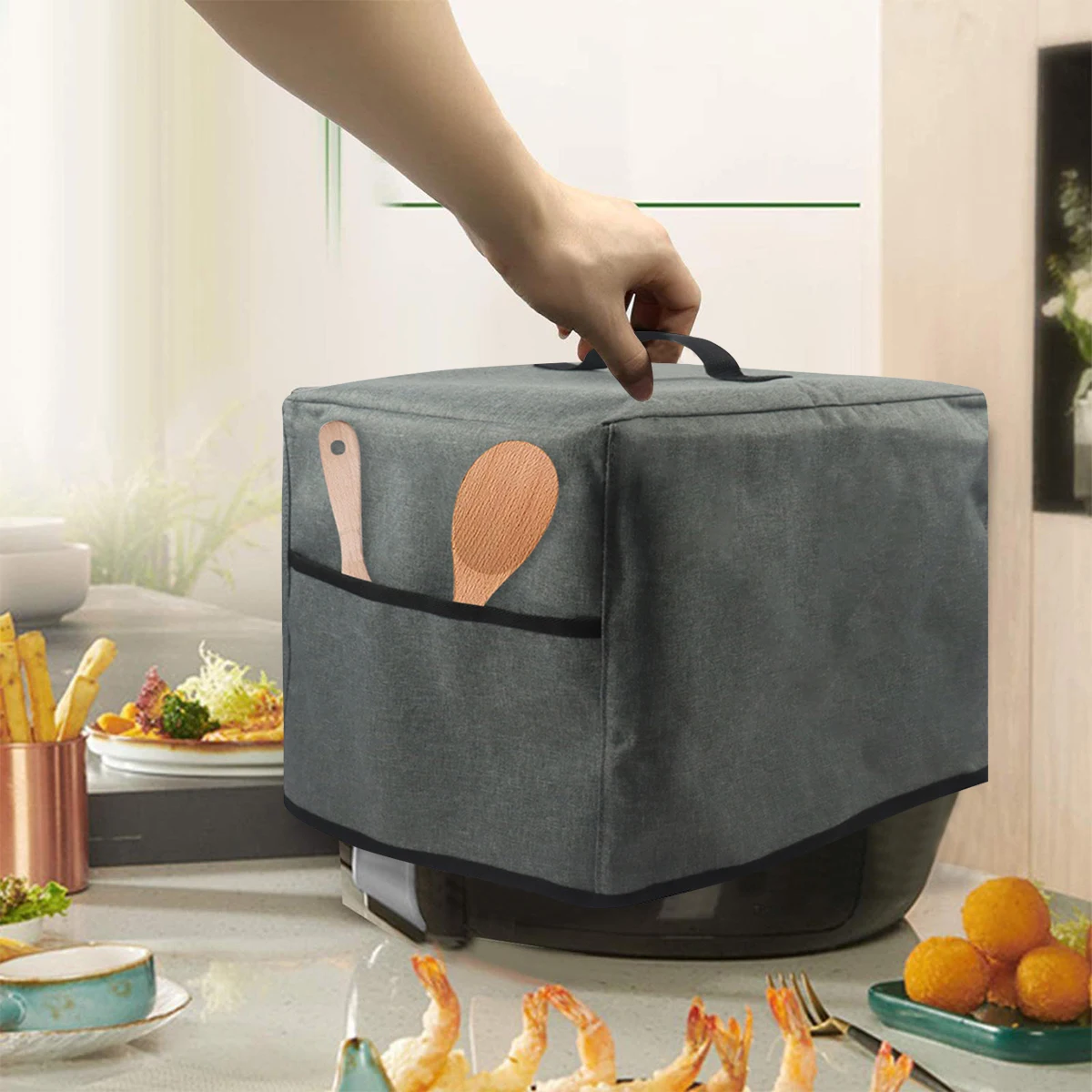 Kitchen Dust Cover Air Fryer Hood Air Fryer Dust Cover Handle Storage Pockets Reusable Waterproof Nylon Small Appliance Washable