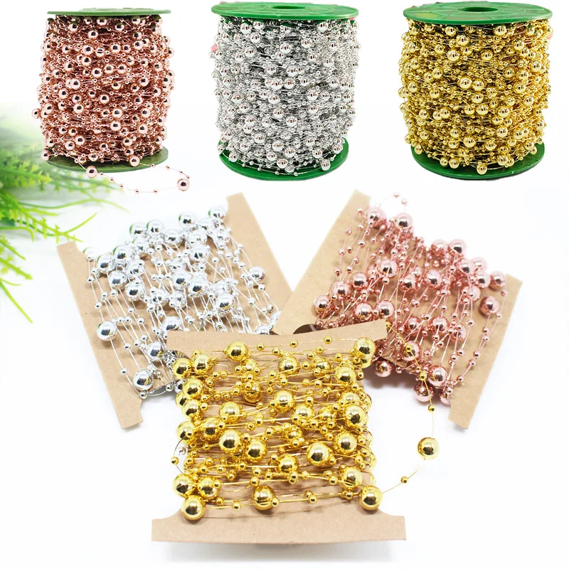 

5M/Roll Christmas Tree Pearl String Imitation Pearl Beads Chain Metallic Gold Bead Wire Trim for DIY Garland Wedding Party Decor