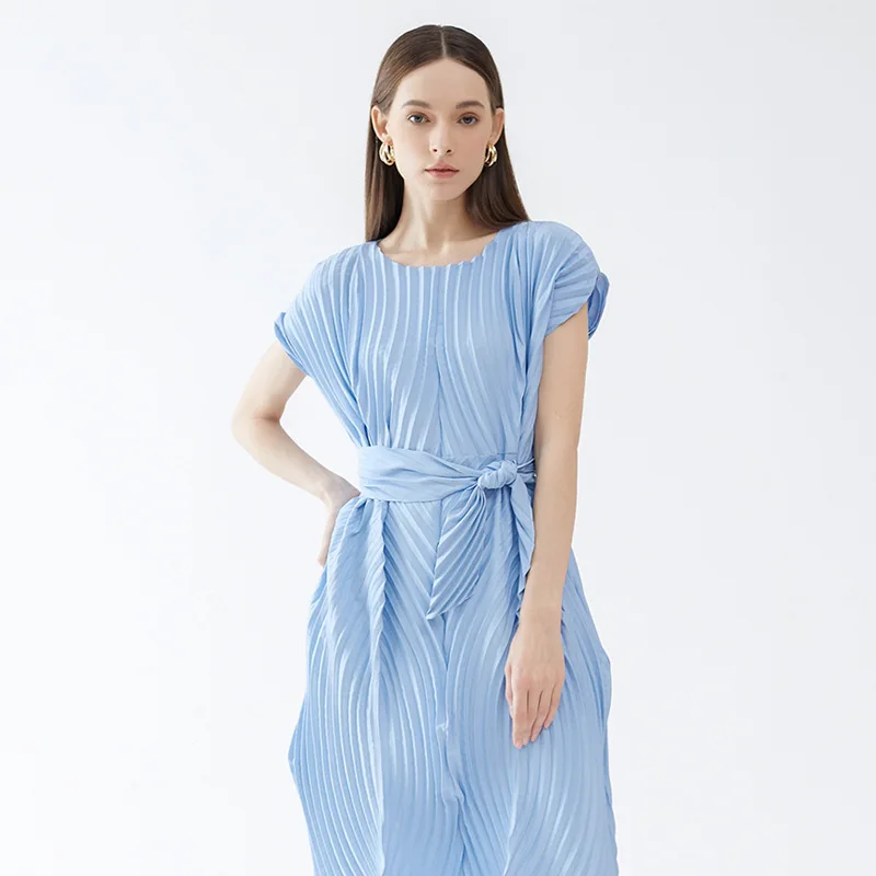 

Miyake 2023 Summer Women's New Dress Women's Fashion Korean Version Slim Handmade Pleated Round Neck Solid Color Pleated Dress