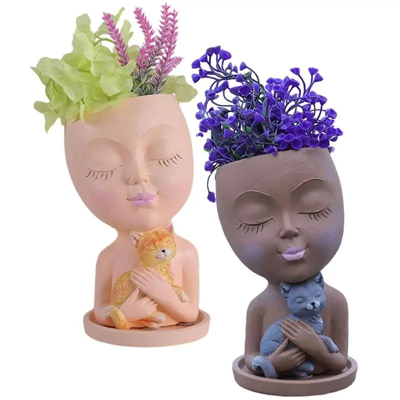 

Art Portrait Flower Pot Vase Sculpture Resin Faced Planter Garden Storage Flower Home Decoration Weather-Resistant Unique Head