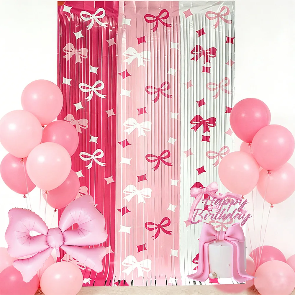Tende a Frange in Lamina Rosa con Fiocchi, Sfondo per Foto Booth per Feste di Compleanno, Baby Shower, Matrimoni, Decorazioni per Feste di Ragazze