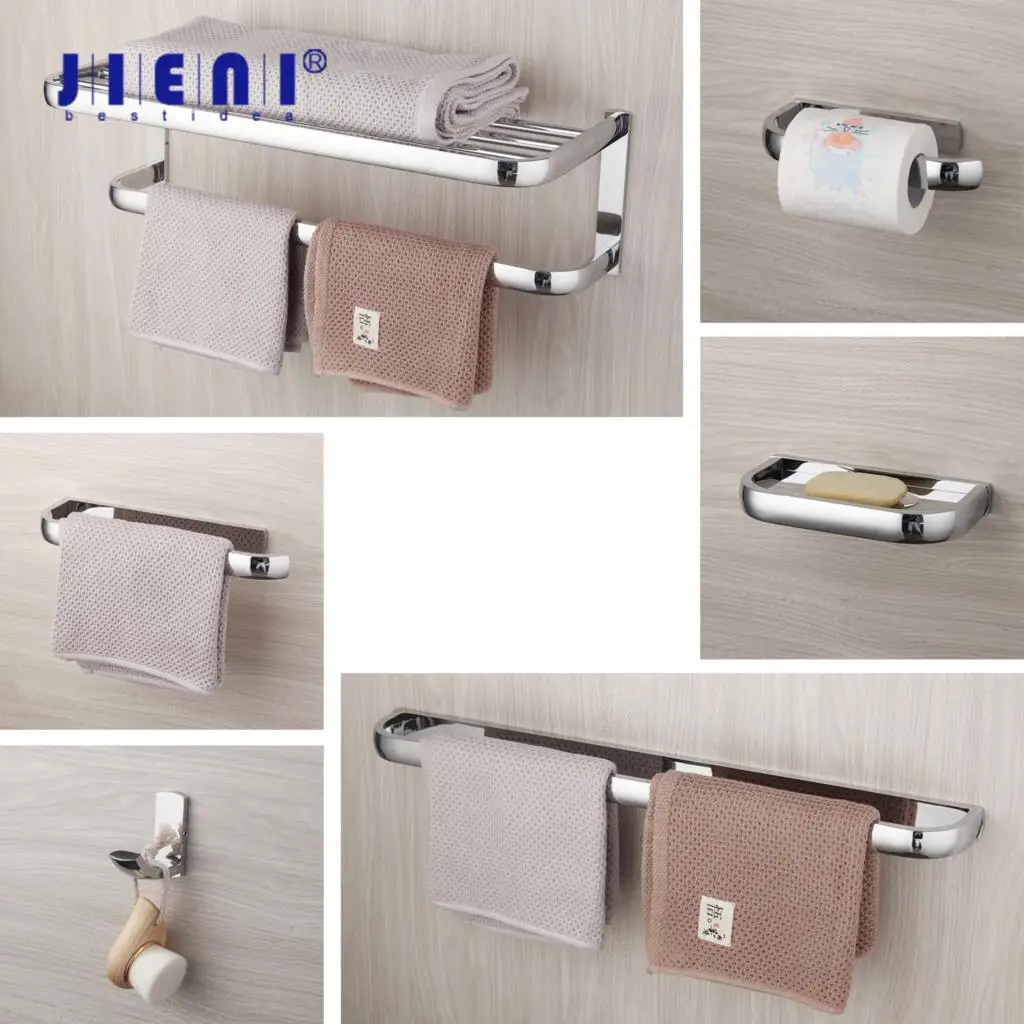 JIENI Chrome Polished Bathroom Accessories Toilet Brush Paper Holder Soap Dish Towel Shelf Solid Brass Wall Mount Combo Kit