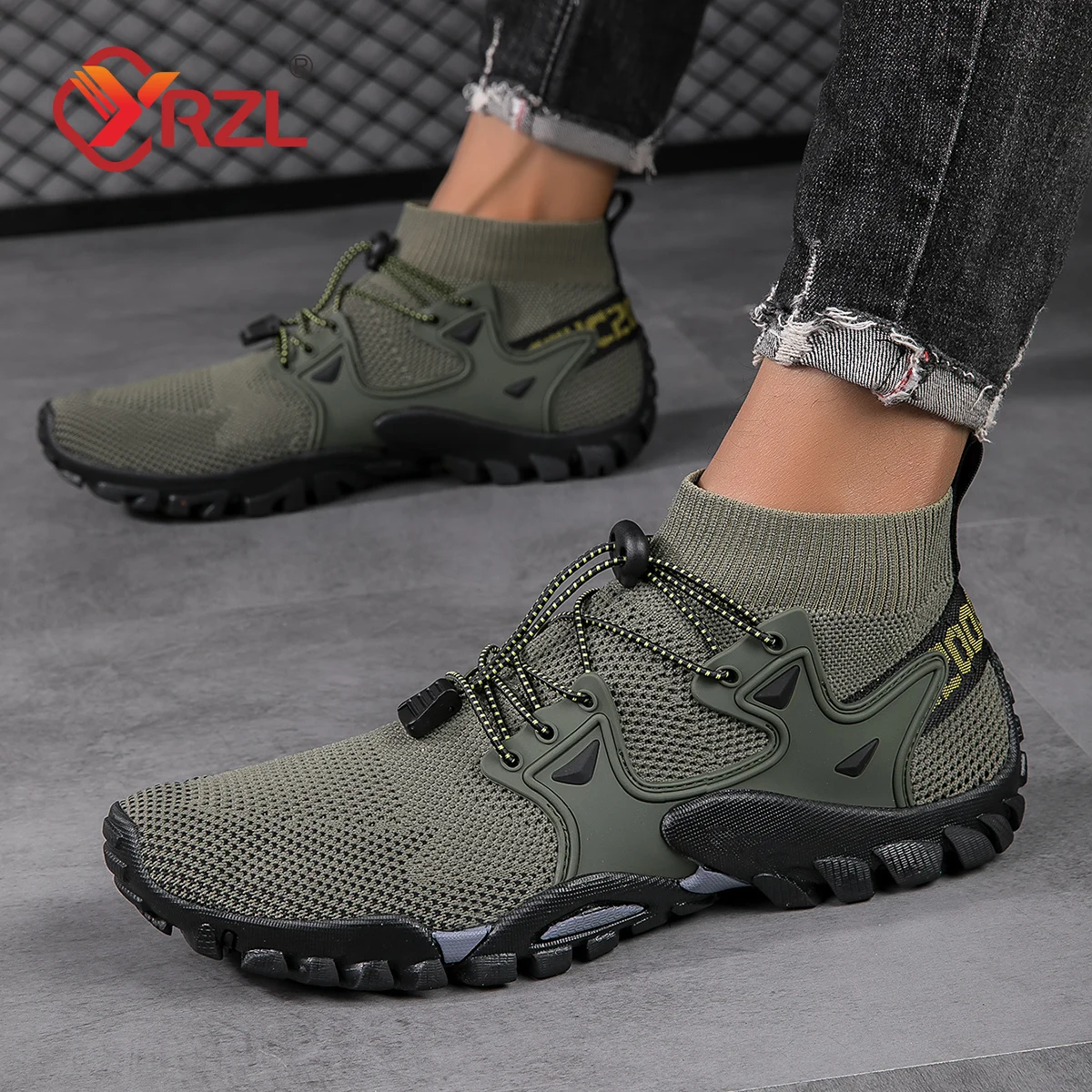 YRZL Mens Outdoor Walking Shoes Summer New High Top Boots Breathable Mesh Mountaineering Comfortable Leisure Travel Sneakers