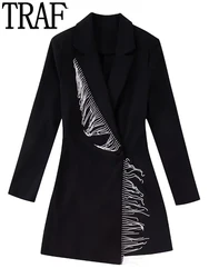 TRAF Black Rhinestone Jumpsuit Women Long Sleeve Blazer Playsuit Fringing Short Jumpsuits For Women 2022 Elegant Woman Jumpsuit