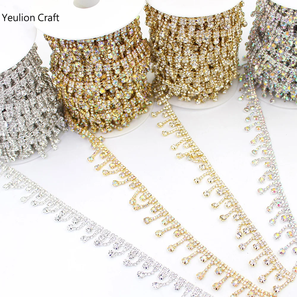 YeulionCraft Short Tassel Pendant Rhinestones DIY Trim Fringe Crystal Metal Chain For Dress Bag Shoes Accessories