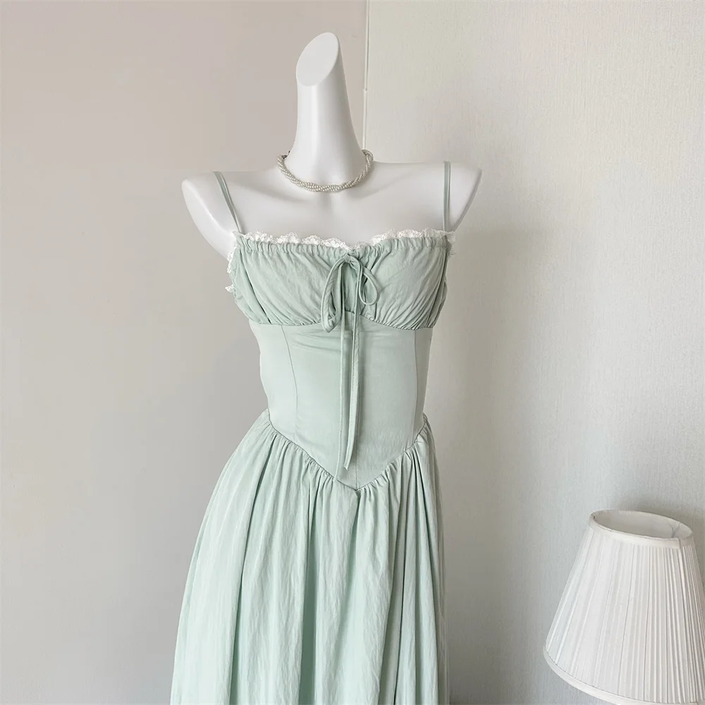 Summer New Spaghetti Strap Backless Midi Dresses for Women Lace-up Sleeveless Beach Style Korean Fashion One Piece Vestido Mujer