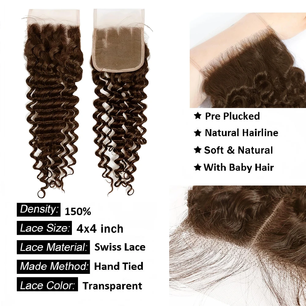 4# Chocolate Brown Deep Wave 4x4 Lace Closure Transparent Swiss Lace Brazilian Human Hair Extensions Pre-Plucked With Baby Hair 2