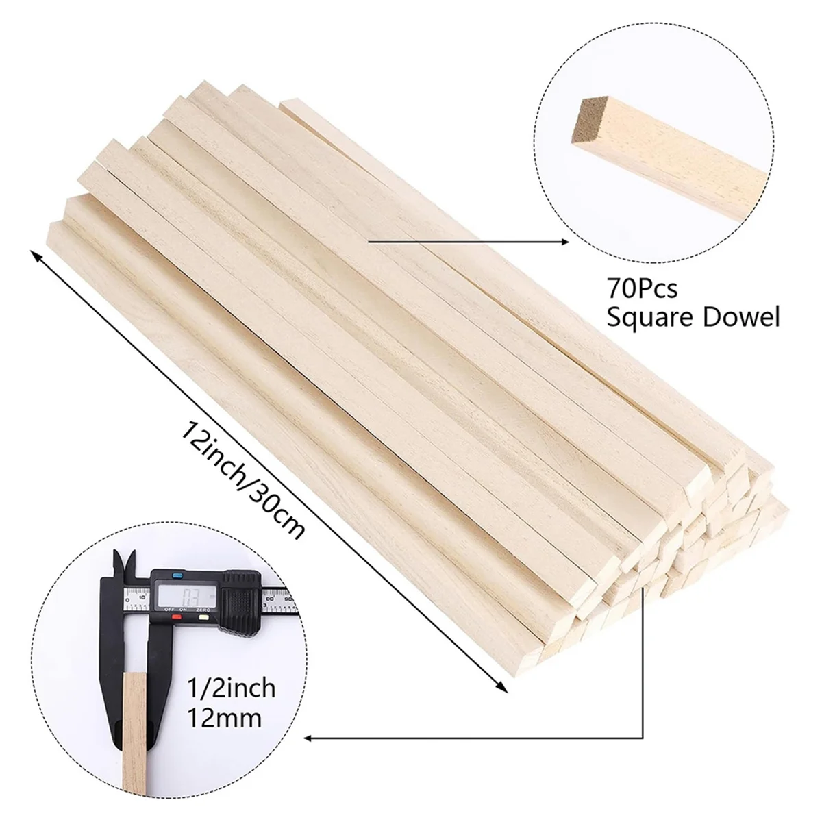 SEMOIC 70Pcs 1/2 Inch X 12 Inch Balsa Wood Sticks, Square Wood Dowel Rods Unfinished Balsa Strips Sticks for Crafts